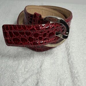 Red Croc-Embossed Belt with Silver Buckle
